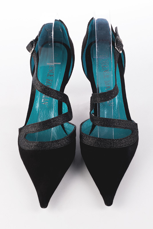 Matt black women's open side shoes, with snake-shaped straps. Pointed toe. High slim heel. Top view - Florence KOOIJMAN